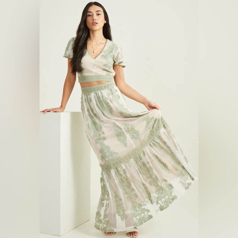 Altar’d State Maude Floral Top and Maxi Skirt Set Sage Desert Sage Small NWT